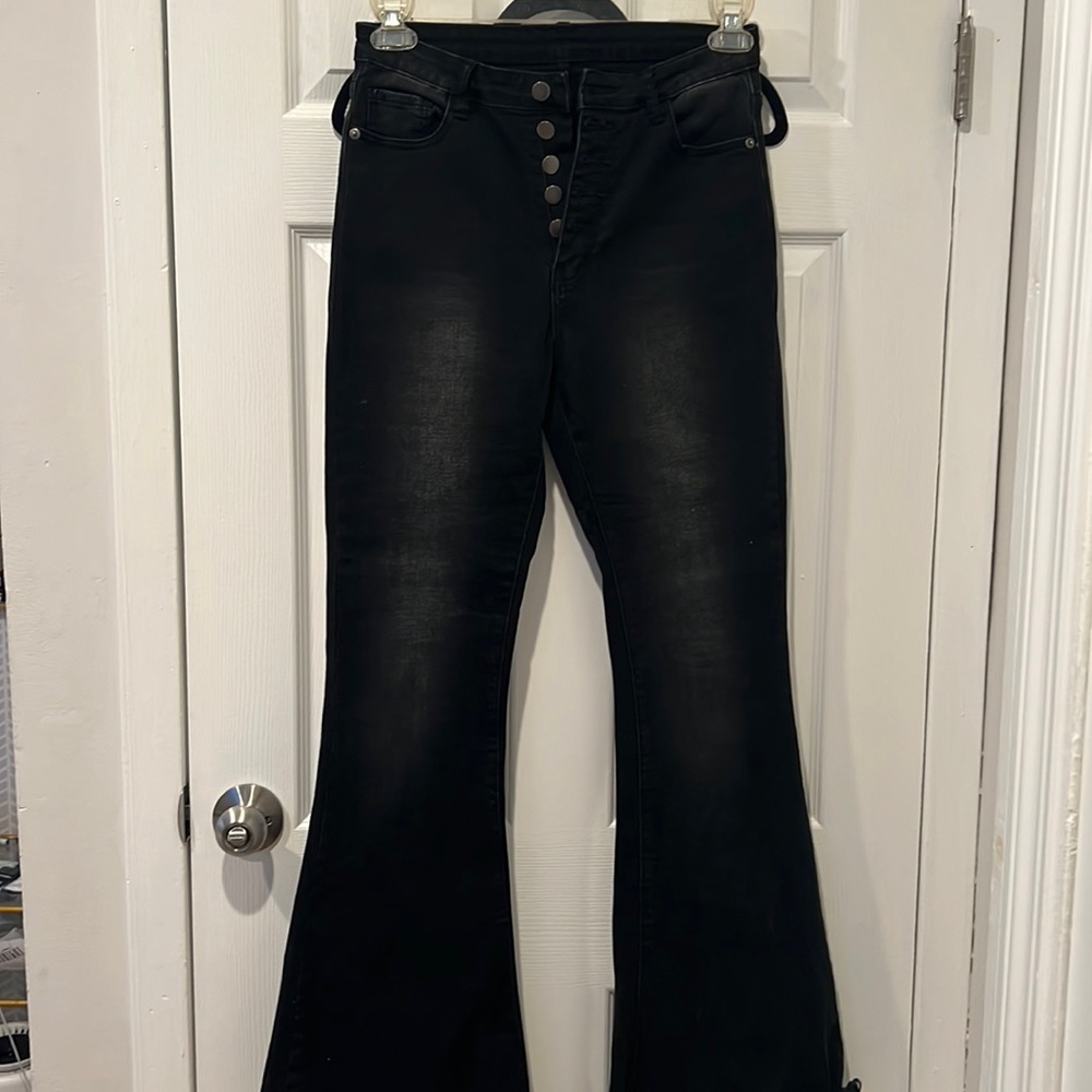 black denim with fade, flare bottom
